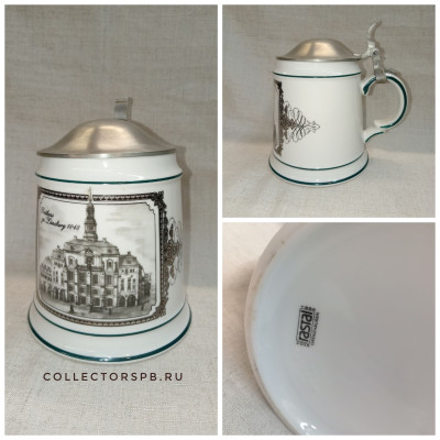 Пивная кружка с крышкой. Фарфор. Германия. Rastal. Ратуша. Rathaus zu Luneburg. В отличном состоянии. Деколь.
