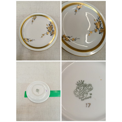 Блюдце, розетка из сервиза "Золотые розочки". Jlmenau. Германия. 1934-49 гг. Деколь с подрисовкой.  D: 11 см.