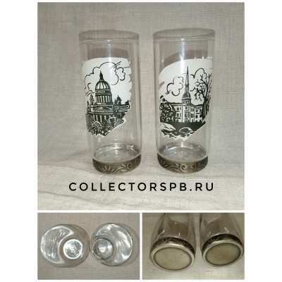 Две стопки с видами Ленинграда. Стекло, основание мельхиор. СССР. Высота: 9,8 см.