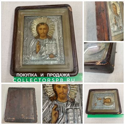 Икона Иисус Христос Вседержитель. В латунном окладе, в киоте. 
