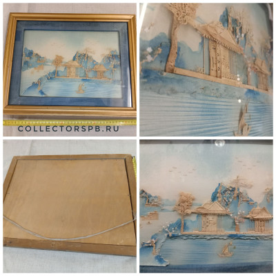 Картина, настенное панно в смешанной технике: живопись + аппликация + резьба.  Пробковое дерево.  Старый Китай.