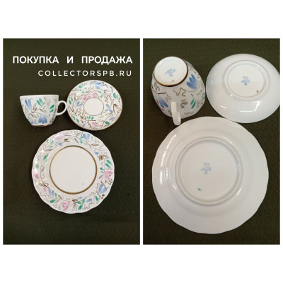 Трио: чашка, блюдце, пирожковая тарелка из сервиза "Душистый горошек."  Фарфор ЛФЗ СССР. Роспись, позолота. 