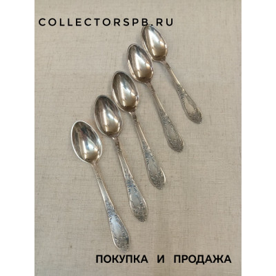 Чайные ложки 5 штук. Мельхиор, посеребрение. СССР. ЗiШ. Длина: 14,5 см. 