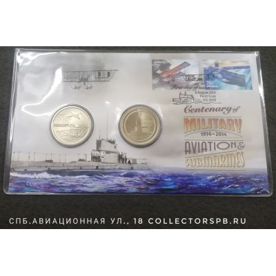 Набор: 2 монеты по 1 $, конверт с марками. 2014 год. Австралия. 100 лет авиации и флоту. 