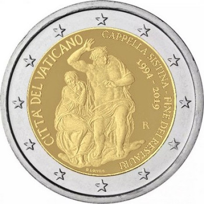 Монета 2 евро 2019 года. Ватикан. 25-летие завершения реставрации Сикстинской капеллы.