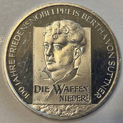 Монета 10 евро 2005 год Берта фон Зутнер серебро Ag 925. 18 гр. Германия. 