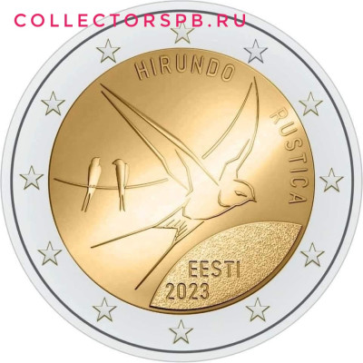 Монета 2 евро 2023 год. Эстония. Ласточка деревенская. 