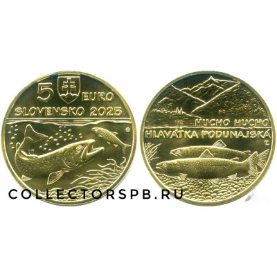 Монета 5 евро 2025 год. Словакия. Дунайский лосось.
