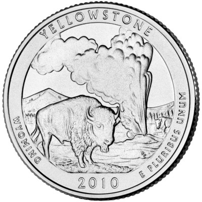 Монета 25 центов 2010 года. США. Из серии "Национальные парки". № 2. "Йеллоустонский Национальный парк. Вайоминг".