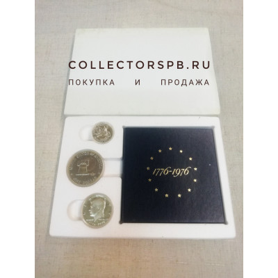 Набор 1 доллар (колокол, лунный доллар), 50 центов Кеннеди, 25 центов (барабанщик). 1776-1976 200 лет независимости. США. Серебро. 