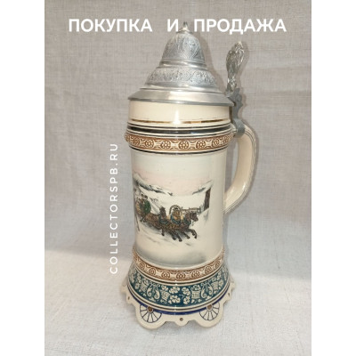 Пивная музыкальная керамическая кружка (несколько мелодий) с крышкой.  "Зимние Гонки на тройках". 