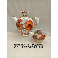 Два чайника (заварочный и доливочный) Петухи. Фарфор ЛФЗ. 