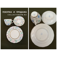 Трио: чашка, блюдце, пирожковая тарелка из сервиза "Душистый горошек."  Фарфор ЛФЗ СССР. Роспись, позолота. 