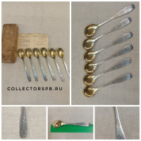 Чайные ложки 6 штук в родной картонной коробке с инструкцией. Мельхиор, посеребрение, позолота. СССР. Длина: 14,3 см.